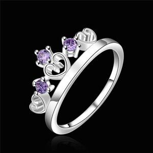 (Size 8) 925 Sterling Silver Purple Zirconia Crown Ring Princess Tiara Ring